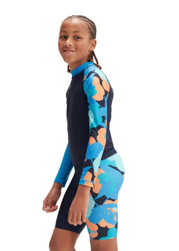Speedo Rash Top estampado de manga comprida para meninos - Azul-marinho/Azul-Baja/Apricot Jam/Mystic/Azul-marinho