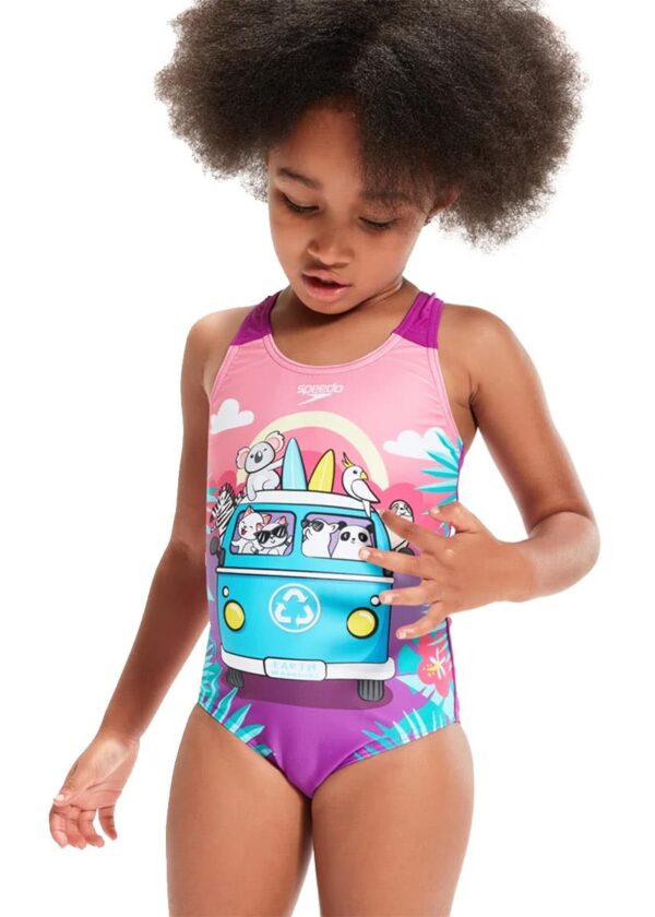 Speedo Maiô infantil feminino com estampa digital - Azul-celeste / Amarelo / Turquesa / Roxo