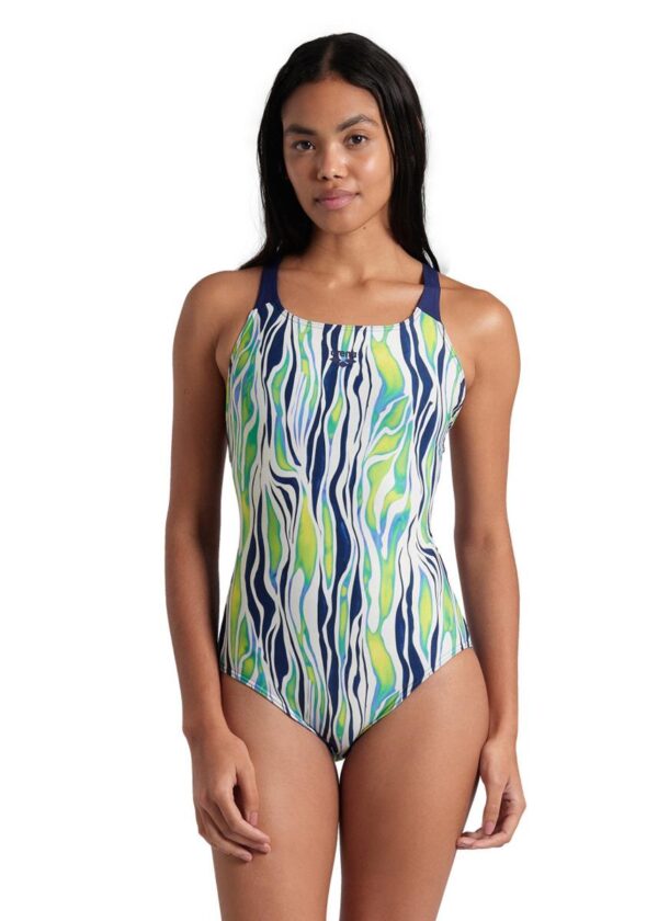 Dziewczyna nosi Arena Strój kąpielowy Zebra Stripes Swim Pro Back - wielokolorowy / granatowy - przód view