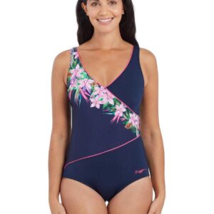 Zoggs Costume da bagno Orchid Daze con scollo a V - Blu navy/Rosa